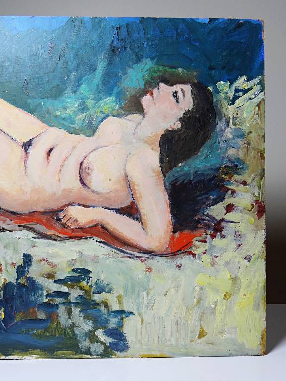 Tableau petit nu de femme allongée, style naïf huile sur panneau vintage | Puces Privées