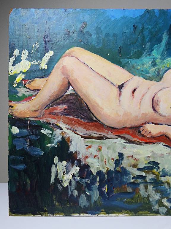 Tableau petit nu de femme allongée, style naïf huile sur panneau vintage | Puces Privées