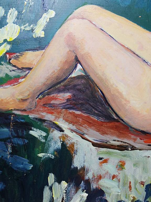 Tableau petit nu de femme allongée, style naïf huile sur panneau vintage | Puces Privées