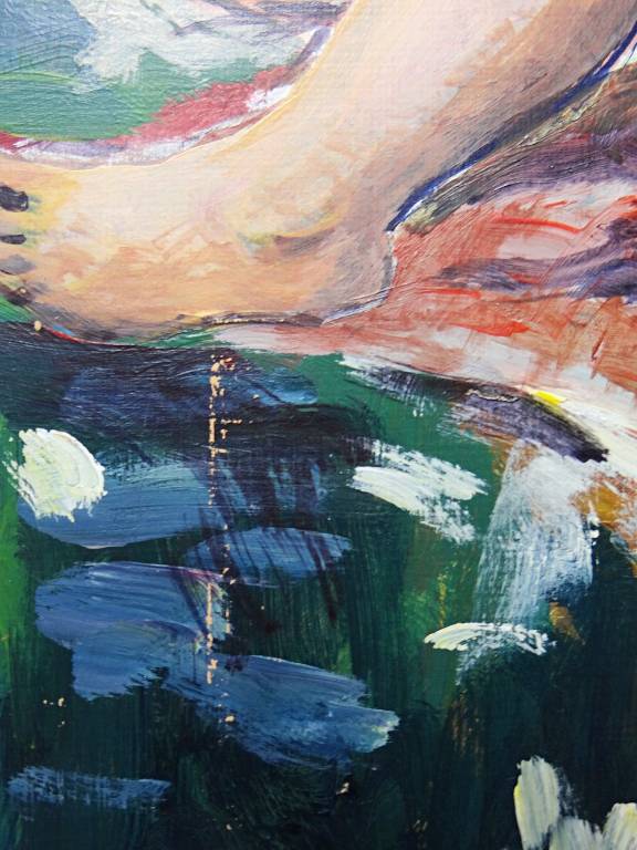 Tableau petit nu de femme allongée, style naïf huile sur panneau vintage | Puces Privées