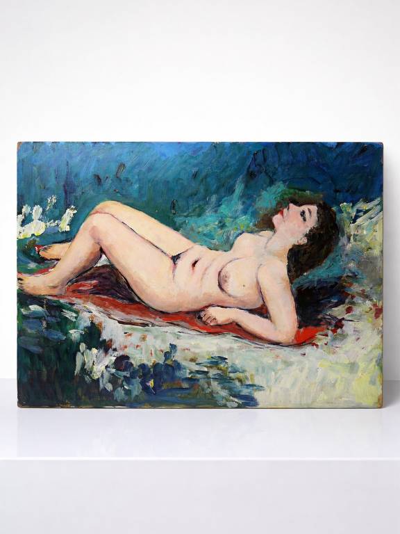 Tableau petit nu de femme allongée, style naïf huile sur panneau vintage | Puces Privées