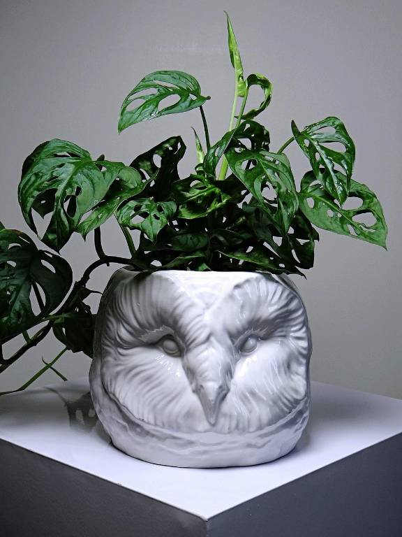 Grand cache pot tête de chouette faïence blanche Italienne vintage | Puces Privées