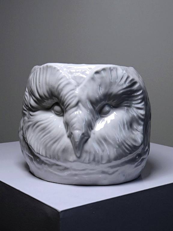 Grand cache pot tête de chouette faïence blanche Italienne vintage | Puces Privées