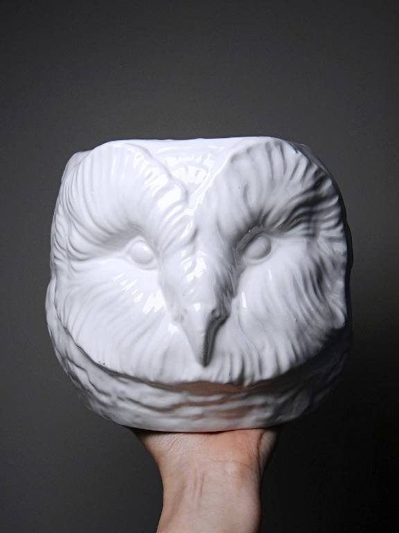 Grand cache pot tête de chouette faïence blanche Italienne vintage | Puces Privées