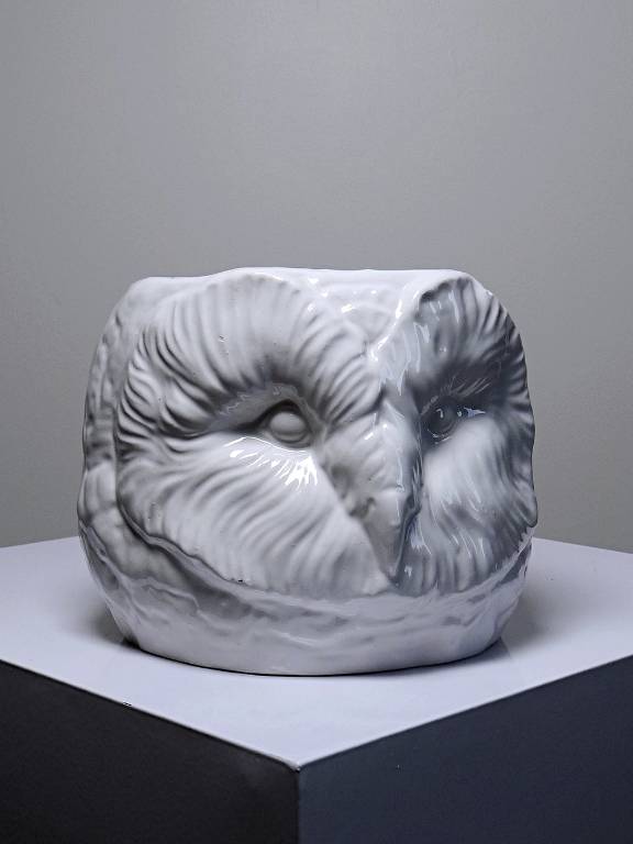 Grand cache pot tête de chouette faïence blanche Italienne vintage | Puces Privées