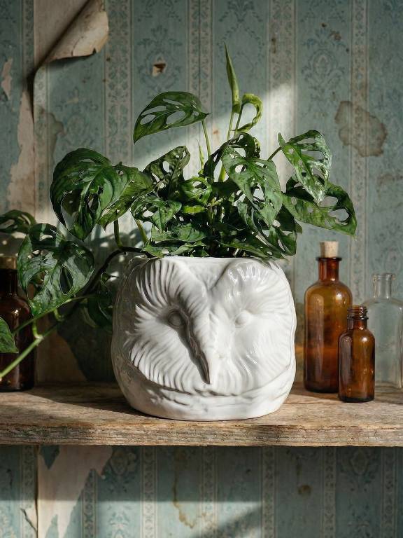 Grand cache pot tête de chouette faïence blanche Italienne vintage | Puces Privées