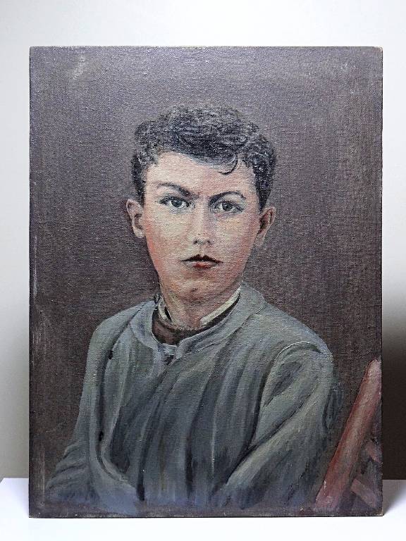Grand portrait ancien, huile sur toile, jeune homme en blouse d'écolier XIXe-XXe | Puces Privées