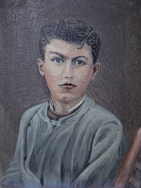 Grand portrait ancien, huile sur toile, jeune homme en blouse d'écolier XIXe-XXe | Puces Privées