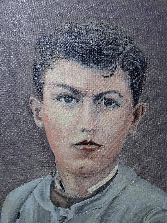 Grand portrait ancien, huile sur toile, jeune homme en blouse d'écolier XIXe-XXe | Puces Privées