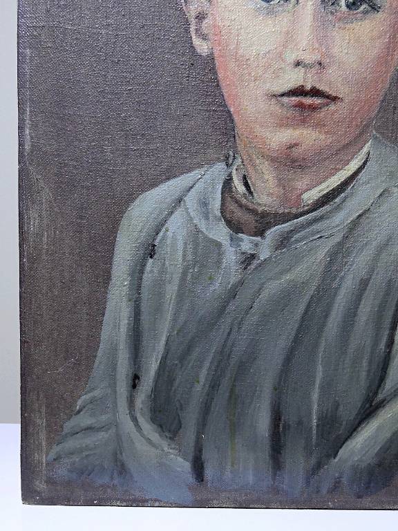 Grand portrait ancien, huile sur toile, jeune homme en blouse d'écolier XIXe-XXe | Puces Privées