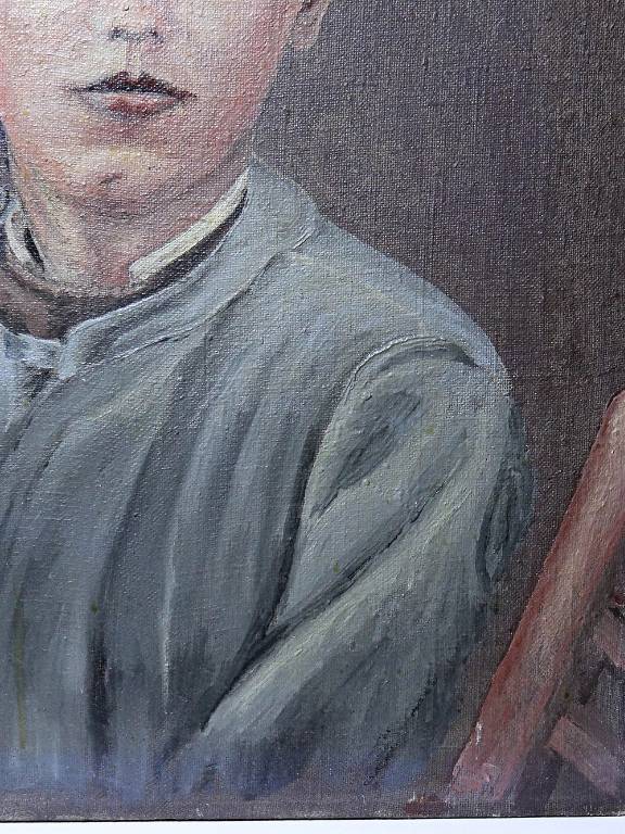 Grand portrait ancien, huile sur toile, jeune homme en blouse d'écolier XIXe-XXe | Puces Privées