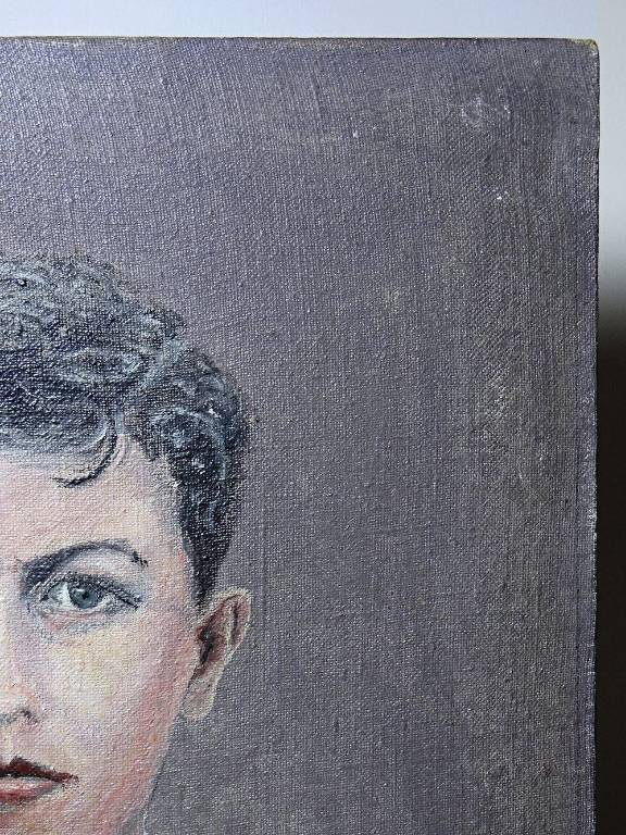 Grand portrait ancien, huile sur toile, jeune homme en blouse d'écolier XIXe-XXe | Puces Privées