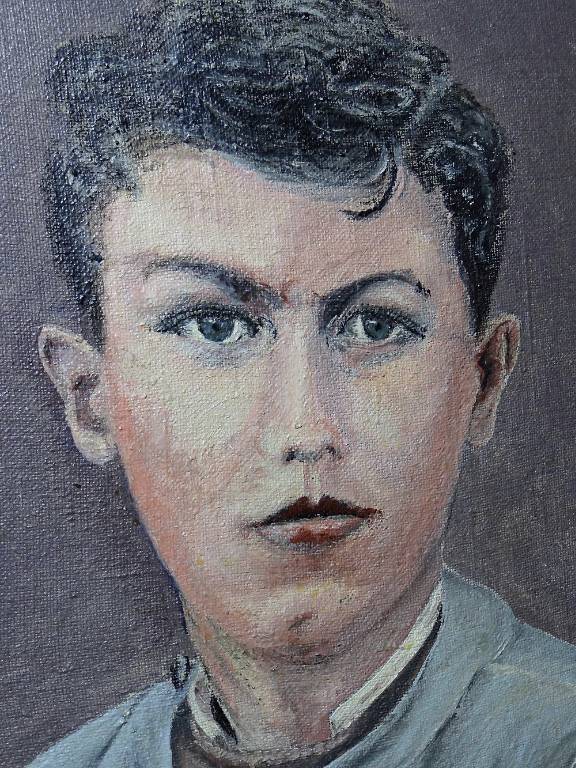 Grand portrait ancien, huile sur toile, jeune homme en blouse d'écolier XIXe-XXe | Puces Privées
