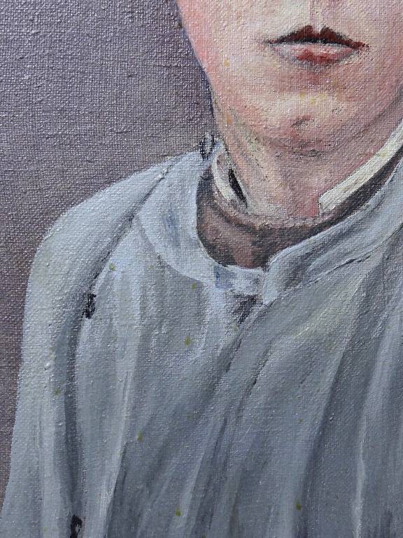 Grand portrait ancien, huile sur toile, jeune homme en blouse d'écolier XIXe-XXe | Puces Privées