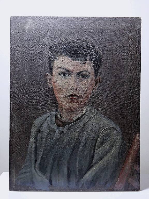 Grand portrait ancien, huile sur toile, jeune homme en blouse d'écolier XIXe-XXe | Puces Privées