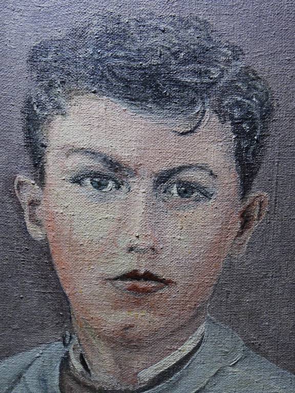 Grand portrait ancien, huile sur toile, jeune homme en blouse d'écolier XIXe-XXe | Puces Privées