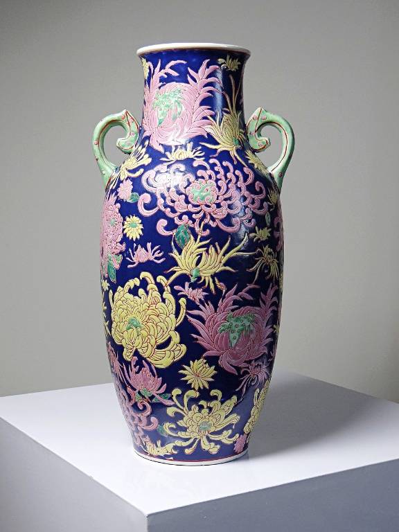 Grand vase balustre chinois vintage porcelaine émaillé à fleurs | Puces Privées