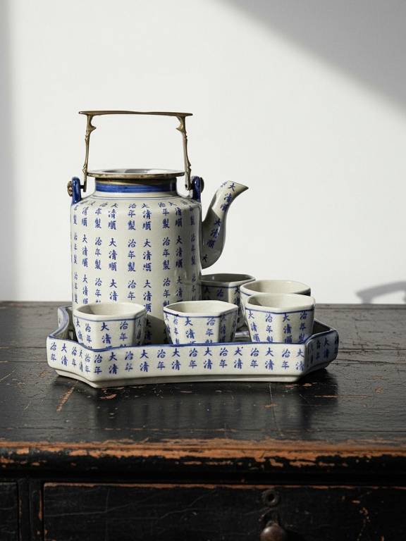 Service à thé chinois style Qing porcelaine caligraphie 
