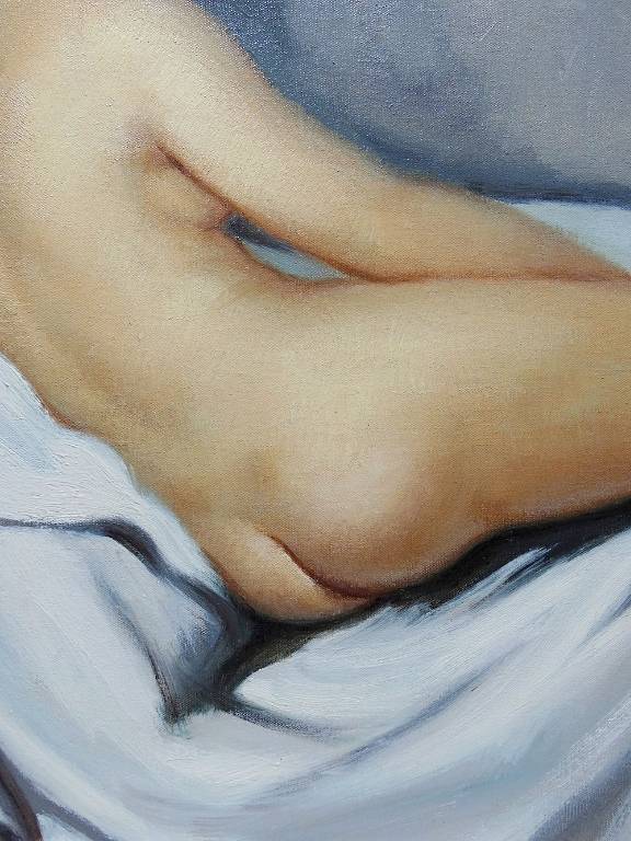 Grand nu huile sur toile Fortuné Pirazzini - Femme se reposant - XXe | Puces Privées