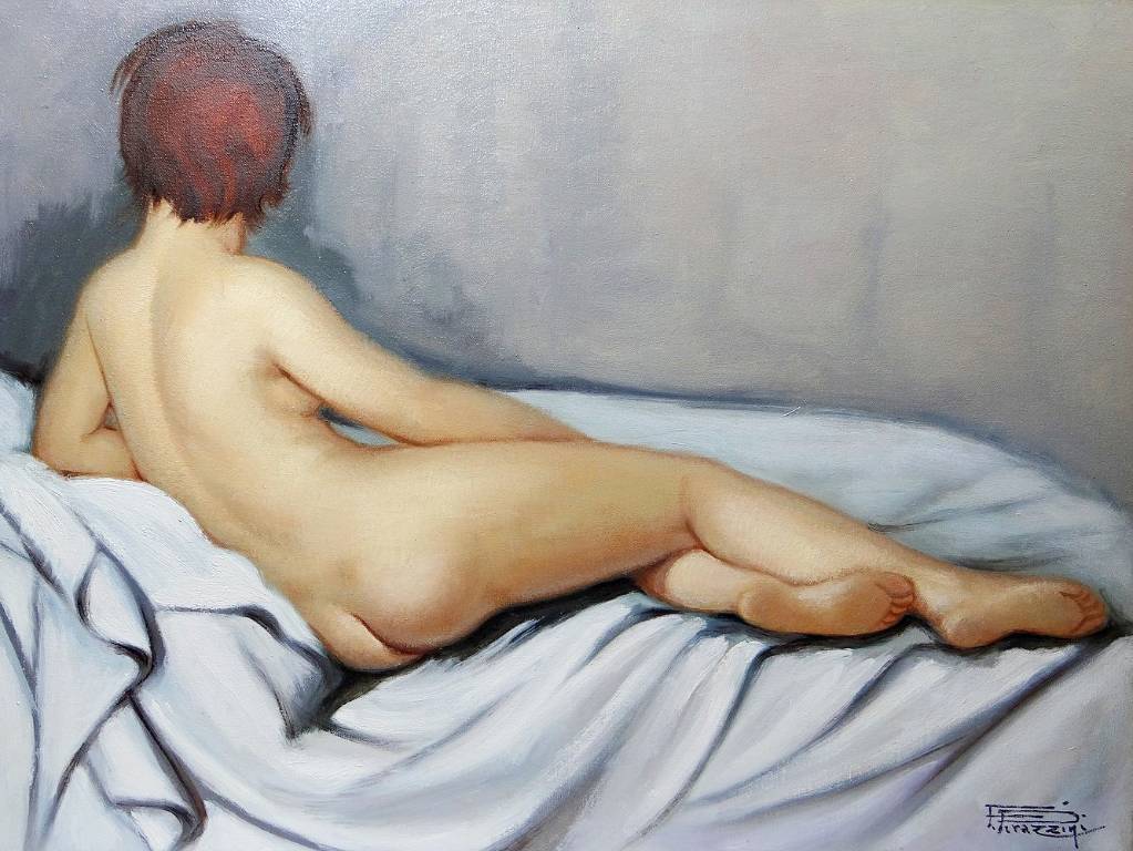 Grand nu huile sur toile Fortuné Pirazzini - Femme se reposant - XXe | Puces Privées