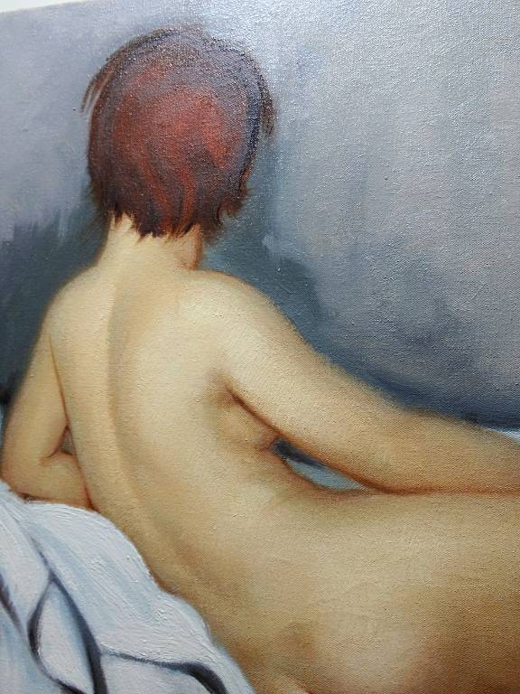 Grand nu huile sur toile Fortuné Pirazzini - Femme se reposant - XXe | Puces Privées