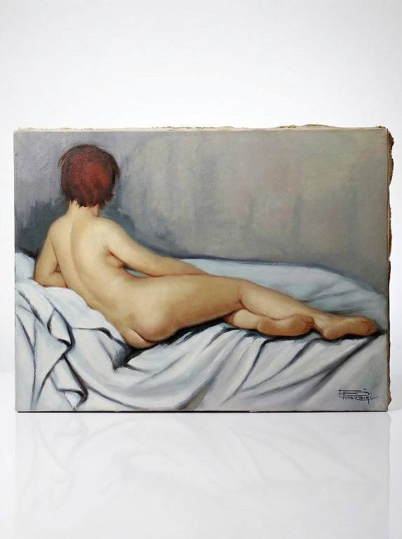 Grand nu huile sur toile Fortuné Pirazzini - Femme se reposant - XXe | Puces Privées