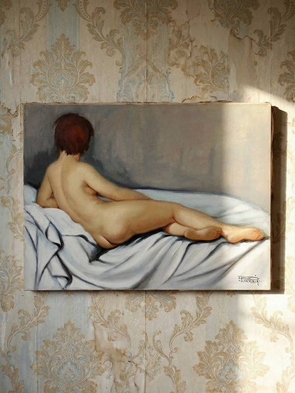 Grand nu huile sur toile Fortuné Pirazzini - Femme se reposant - XXe | Puces Privées