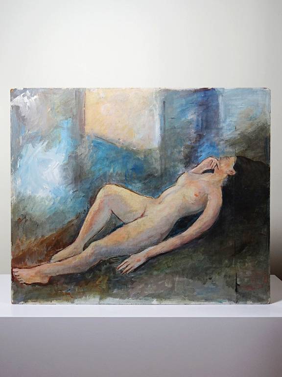 Grand tableau nu femme allongée, moderne huile panneau vintage | Puces Privées