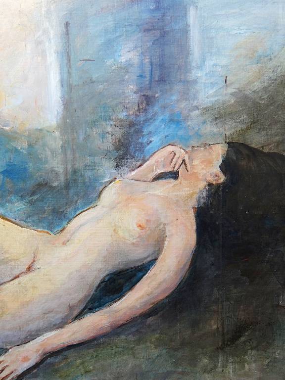 Grand tableau nu femme allongée, moderne huile panneau vintage | Puces Privées