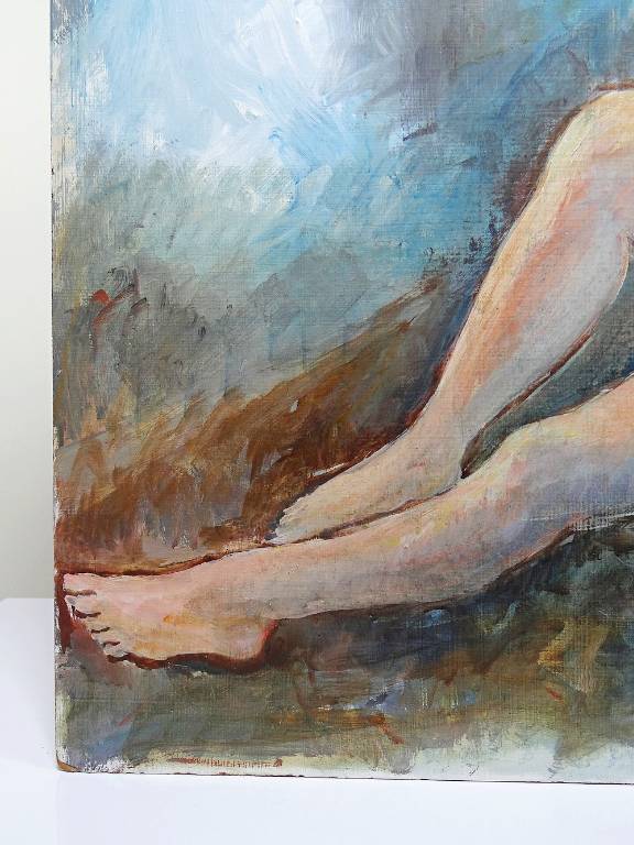Grand tableau nu femme allongée, moderne huile panneau vintage | Puces Privées