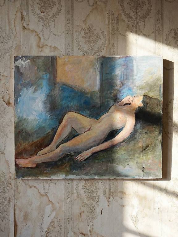 Grand tableau nu femme allongée, moderne huile panneau vintage | Puces Privées