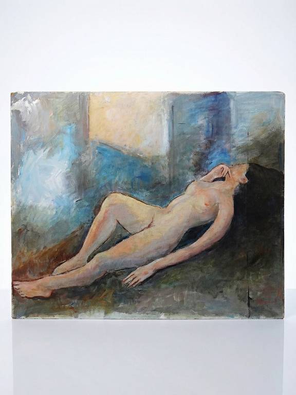 Grand tableau nu femme allongée, moderne huile panneau vintage | Puces Privées