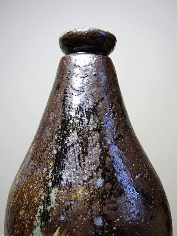 Bouteille en grès pyrité émaillé vintage artisanale signée Jean Lamy | Puces Privées