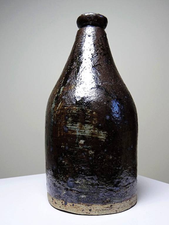 Bouteille en grès pyrité émaillé vintage artisanale signée Jean Lamy | Puces Privées