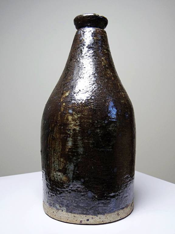 Bouteille en grès pyrité émaillé vintage artisanale signée Jean Lamy | Puces Privées