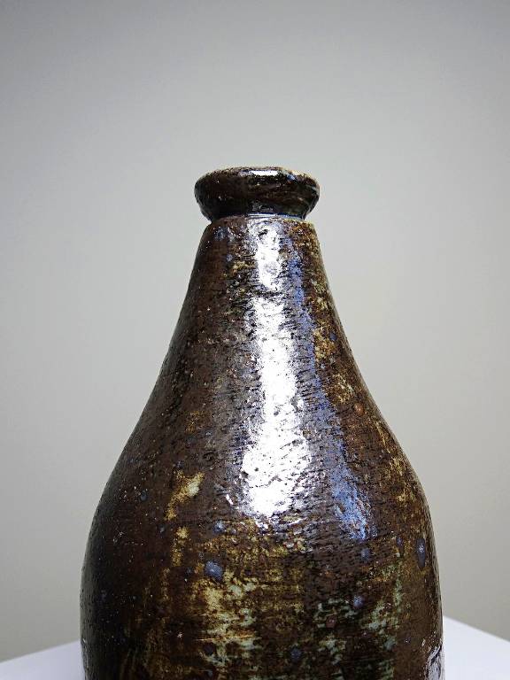Bouteille en grès pyrité émaillé vintage artisanale signée Jean Lamy | Puces Privées
