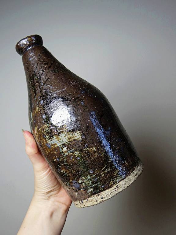 Bouteille en grès pyrité émaillé vintage artisanale signée Jean Lamy | Puces Privées