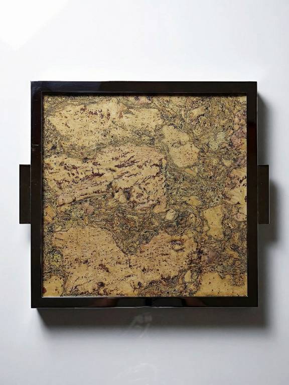 Plateau mid-century chic Chrome, Liège et plaque de verre années 70 | Puces Privées