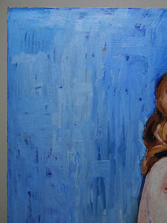 Tableau portrait nu de femme contre un mur, moderne huile sur panneau vintage | Puces Privées