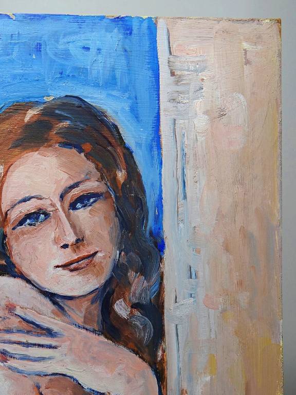 Tableau portrait nu de femme contre un mur, moderne huile sur panneau vintage | Puces Privées
