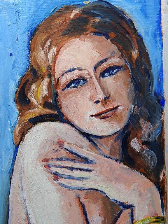 Tableau portrait nu de femme contre un mur, moderne huile sur panneau vintage | Puces Privées
