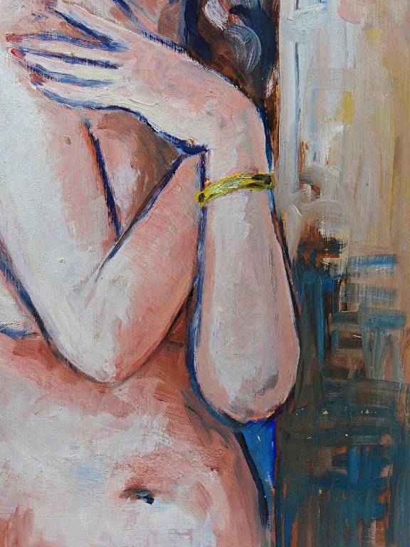 Tableau portrait nu de femme contre un mur, moderne huile sur panneau vintage | Puces Privées