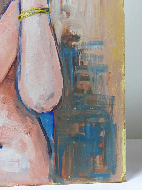 Tableau portrait nu de femme contre un mur, moderne huile sur panneau vintage | Puces Privées