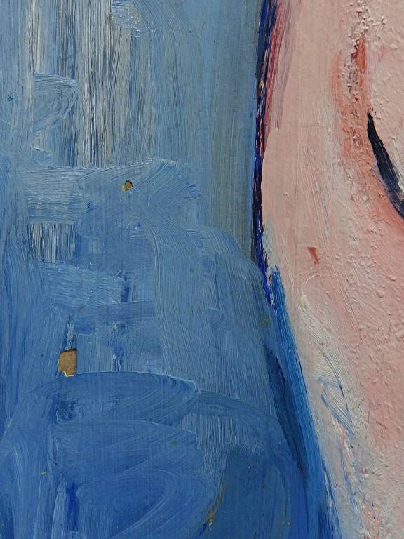 Tableau portrait nu de femme contre un mur, moderne huile sur panneau vintage | Puces Privées