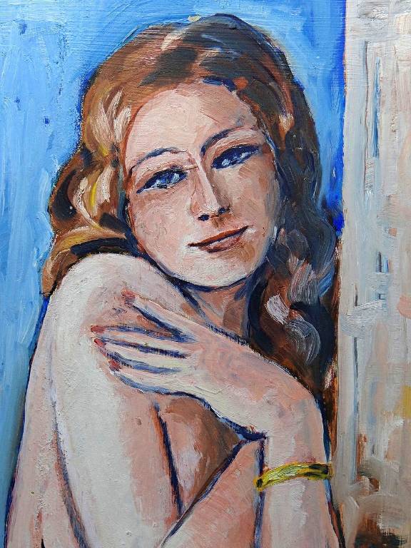 Tableau portrait nu de femme contre un mur, moderne huile sur panneau vintage | Puces Privées