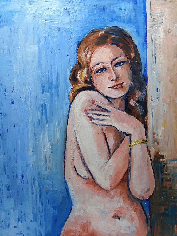 Tableau portrait nu de femme contre un mur, moderne huile sur panneau vintage | Puces Privées