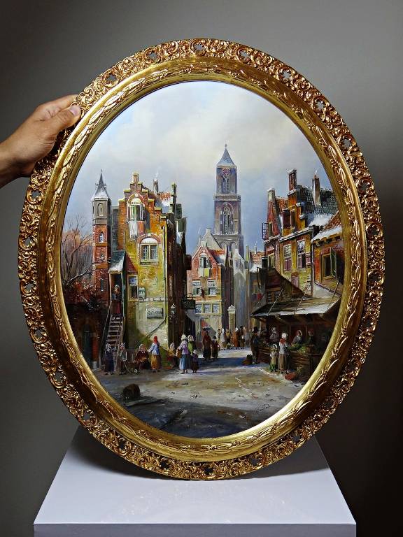 Grand tableau scène urbaine huile sur bois encadré John Haanstra vintage | Puces Privées