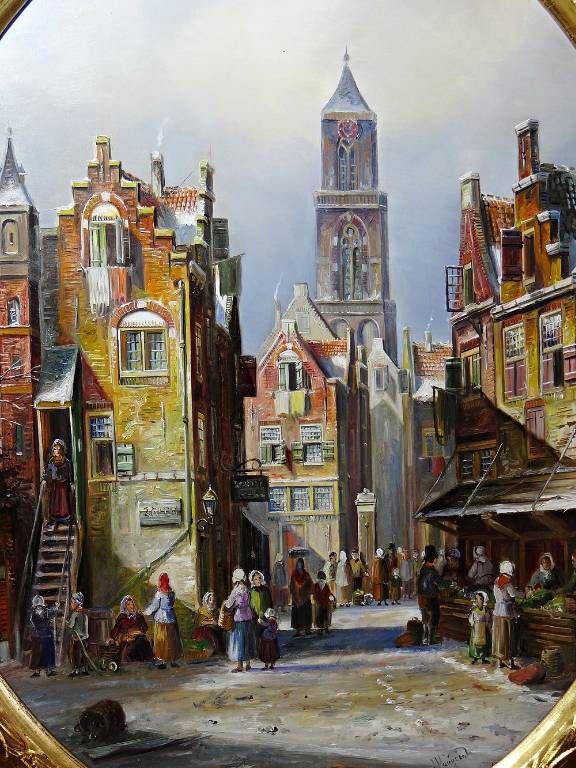 Grand tableau scène urbaine huile sur bois encadré John Haanstra vintage | Puces Privées