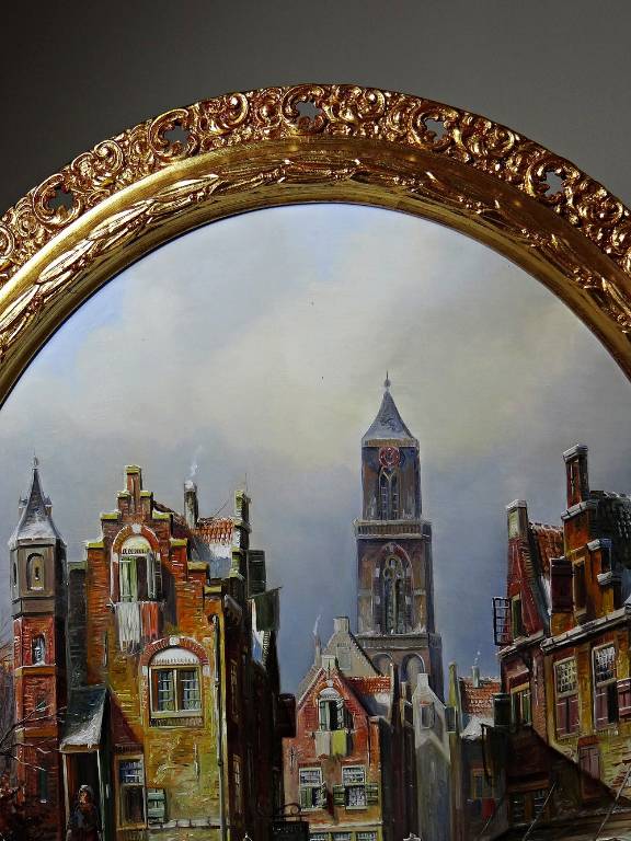 Grand tableau scène urbaine huile sur bois encadré John Haanstra vintage | Puces Privées