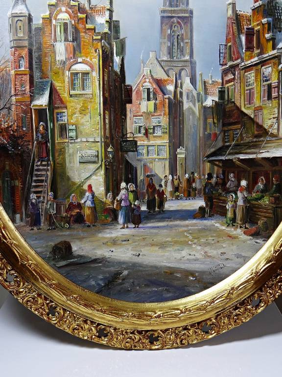 Grand tableau scène urbaine huile sur bois encadré John Haanstra vintage | Puces Privées